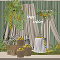 Wedding Floral Display With Green Backdrop White Drapes Yellow Flowers And Lemon Decorations