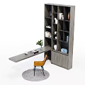 Modern L Shaped Desk With Wooden Bookshelf Orange Chair Green Plant And Round Rug