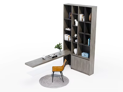 Modern L Shaped Desk With Wooden Bookshelf Orange Chair Green Plant And Round Rug 3d model