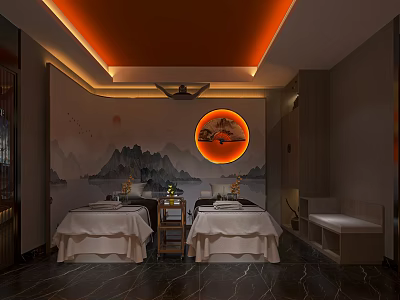 Serene SPA Sauna Room With Massage Beds Mountain Landscape And Warm Lighting 3d model