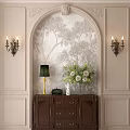Classic Entryway Console Table With Arched Tree Pattern Wall Brass Sconces And Flower Arrangement 3d model