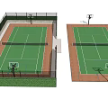 Outdoor Basketball Courts With Green Surfaces Brown Borders Fencing And Lighting