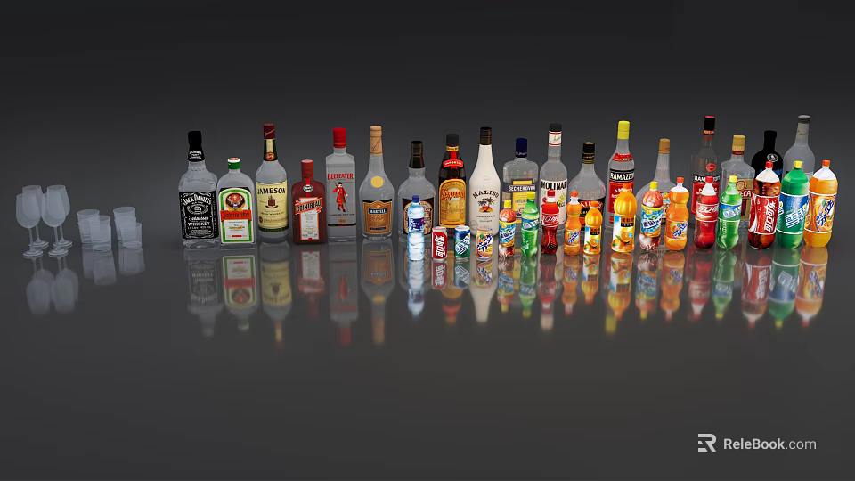 Various Liquor Bottles And Wine Glasses Arranged On Reflective Display Surface 3d model 