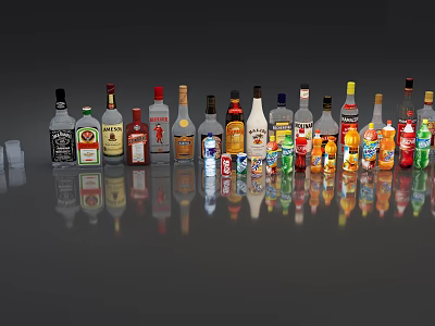 Various Liquor Bottles And Wine Glasses Arranged On Reflective Display Surface 3d model