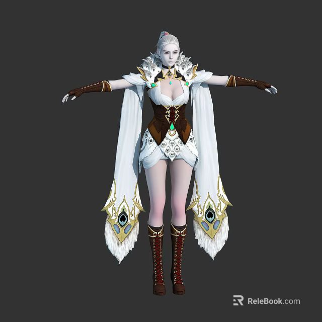 Fantasy Character With Avian Creature Features In White Brown Outfit Feathered Cape And Jewel Decorations 3d model 