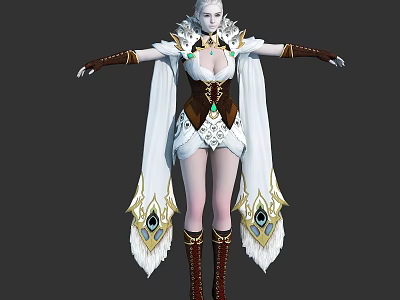Fantasy Character With Avian Creature Features In White Brown Outfit Feathered Cape And Jewel Decorations 3d model