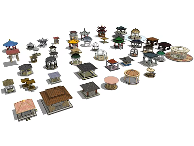 Various Traditional Building Models With Diverse Roof Styles And Decorative Designs 3d model