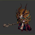 Fantasy Game Character With White Masked Face Brown Horns Feathered Headdress Red Robe And Staff