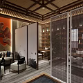 Traditional Oriental Clubhouse Interior With Wooden Ceiling Long Table Stone Stools And Wall Lights