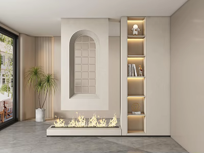 Modern Foyer Hallway With Arched Feature Fireplace Built In Shelves And Plant 3d model