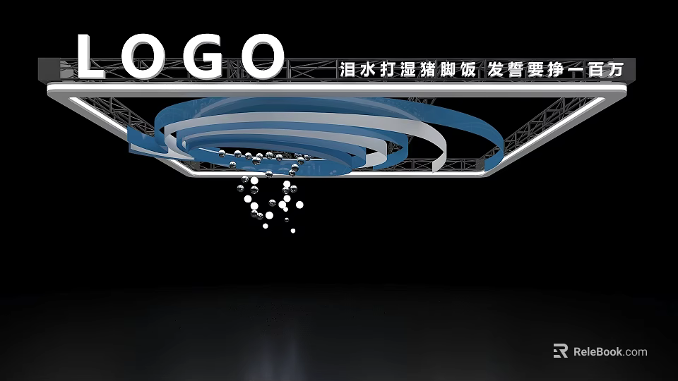 Modern Exhibition Hall Ceiling With Blue Circular Rings And White Decorative Lights 3d model 
