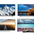 Multiple Televisions Displaying Various Scenic Views Including Snowy Mountains City Bridges Roads And Flower Fields