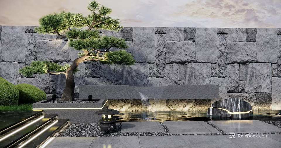 Modern Landscape Wall Design With Natural Stone Water Feature Pine Tree And Soft Lighting 3d model 