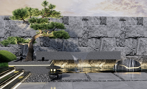 Modern landscape sketch flowing water landscape wall 3d model