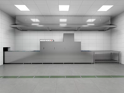 Modern Open Kitchen Interior Design With Stainless Steel Island Counter And Appliances 3d model