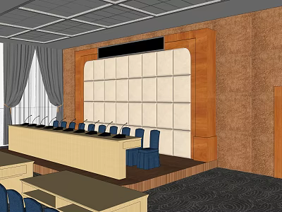 Conference Room Interior With Long Meeting Table Blue Chairs Wooden Backdrop And Dark Carpet 3d model