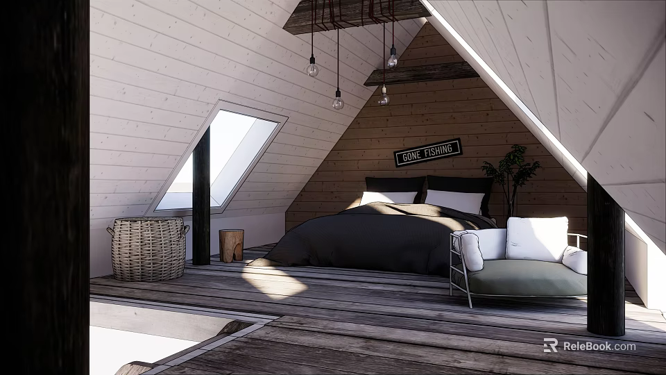 Hotel Guest Room with Sloped Roof Skylight Black Bed White Pillows Green Sofa Wicker Basket 3d model 