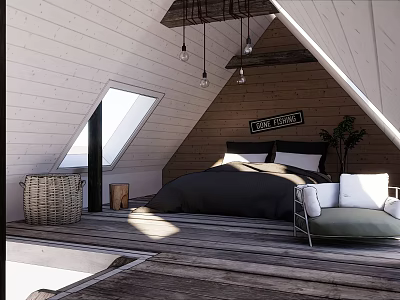 Hotel Guest Room with Sloped Roof Skylight Black Bed White Pillows Green Sofa Wicker Basket 3d model