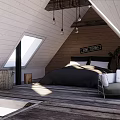 Hotel Guest Room with Sloped Roof Skylight Black Bed White Pillows Green Sofa Wicker Basket