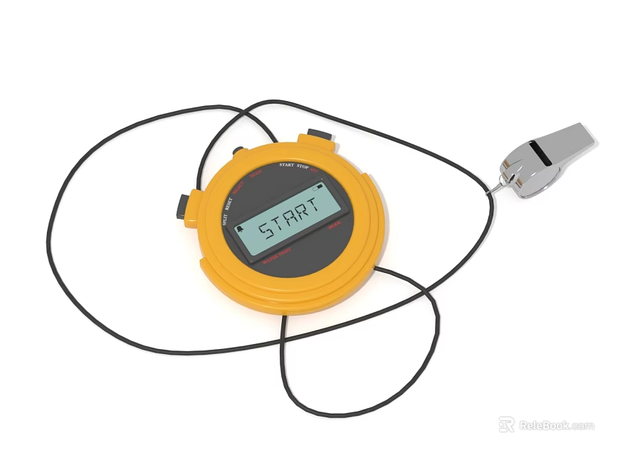 Yellow Digital Timer Device with START Screen Black Cable and Metal Clip 3d model 