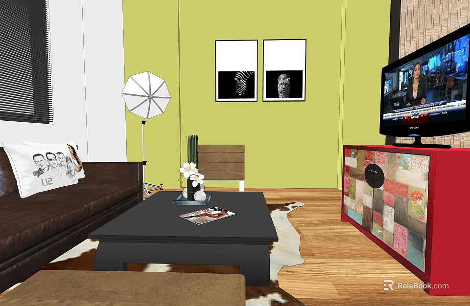 Public Office Area Featuring Brown Leather Sofa Black Coffee Table Floor Lamp And Wooden Floor 3d model 