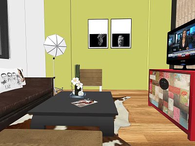 Public Office Area Featuring Brown Leather Sofa Black Coffee Table Floor Lamp And Wooden Floor 3d model