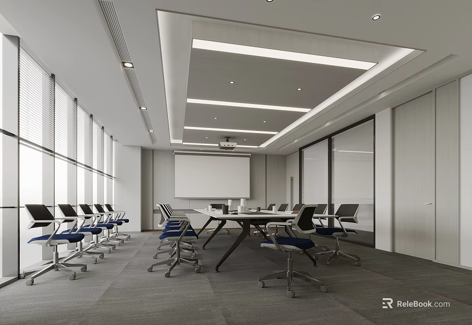 Modern Conference Room Interior Setup With Long Table Ergonomic Chairs And Large Windows 3d model