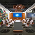 Modern Public Office Area With Geometric Ceiling Lighting Orange Chairs Work Desks And Plant Wall