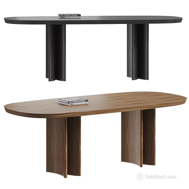 Modern Oval Wooden Dining Table With Stack Of Books And Dark Legs 3d model 