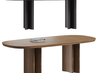 Modern Oval Wooden Dining Table With Stack Of Books And Dark Legs 3d model