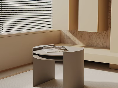 Modern Round Side Table With Magazines In Minimalist Room With Wooden Wall And Blinds 3d model