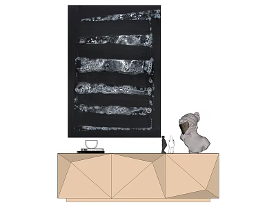 Geometric Wooden Cabinet With Black Abstract Wall Art And Decorative Figurine 3d model