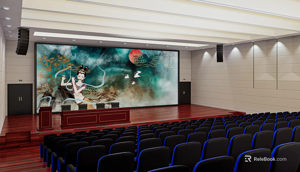 Conference Room With Large Screen Lady Red Sun Flying Birds Podium Wooden Floor Black Chairs 3d model 