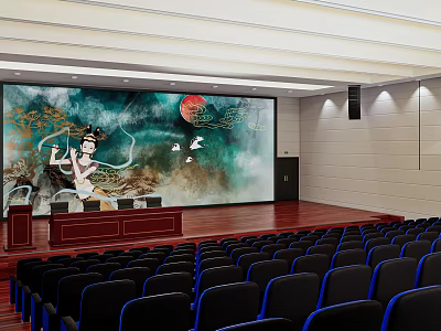 Conference Room With Large Screen Lady Red Sun Flying Birds Podium Wooden Floor Black Chairs 3d model