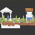 Modern Miniature Scene With Small Houses Orange Roofs Blue Awnings Green Plants Stone Path Targets