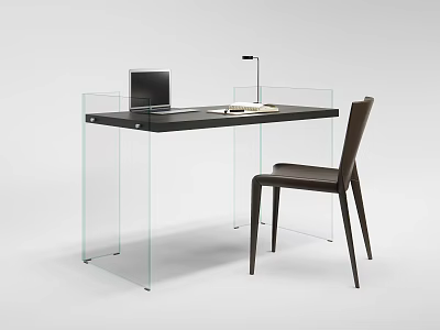Modern Minimalist Desk with Transparent Glass Legs Laptop Table Lamp and Dark Brown Chair 3d model