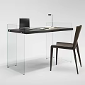Modern Minimalist Desk with Transparent Glass Legs Laptop Table Lamp and Dark Brown Chair