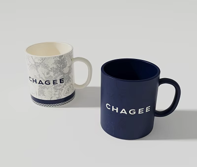 Two CHAGEE Mugs White And Navy Blue With Brand Logo Design 3d model