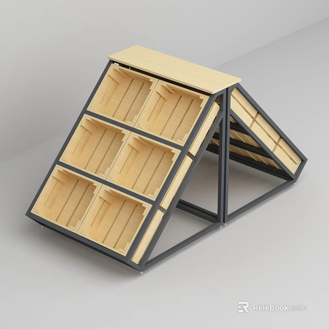 Tilted Shelving Unit With Wooden Compartments Black Metal Frame And Light Wood Top Panel 3d model 