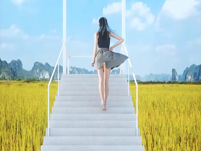 White Staircase Decor In Yellow Field With Mountain Blue Sky White Clouds And Woman Walking 3d model