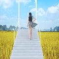 White Staircase Decor In Yellow Field With Mountain Blue Sky White Clouds And Woman Walking