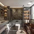 Modern Bathroom Interior Design With Stone Wall Double Sink Vanity And Bathtub