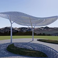 White Perforated Curved Architectural Structure With Circular Platform And Green Background 3d model