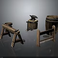 Rustic Wooden Household Supplies With Barrels Anvil And Trestles For Daily Use