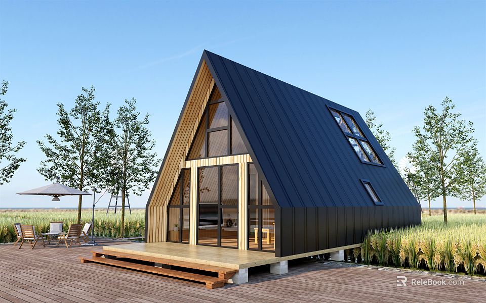 Modern A frame Wooden House With Black Roof Large Windows And Wooden Deck Near Trees 3d model 
