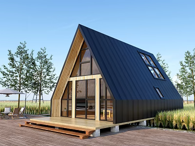 Modern A frame Wooden House With Black Roof Large Windows And Wooden Deck Near Trees 3d model