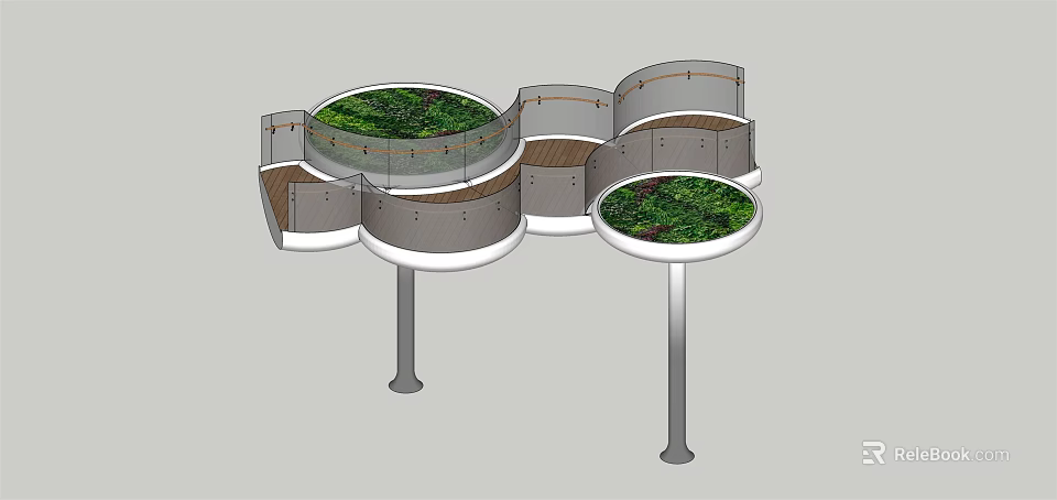 Unique Modern Pedestrian Bridge With Circular Platforms Green Vegetation And Railings 3d model