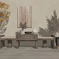 Wooden Bench Style TV Stand With Beige Wall Artwork Vases And Pampas Grass