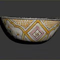 Hand Carved Decorative Bowl Featuring Yellow Pink Blue Geometric And Floral Patterns