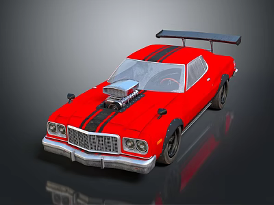 Red Sports Car With Black Stripes Open Hood Engine And Rear Spoiler 3d model